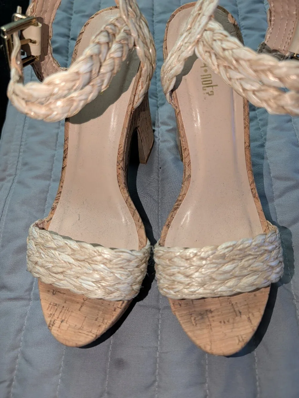 Braided Cork Wedge Sandals in Light Beige with Ankle Strap